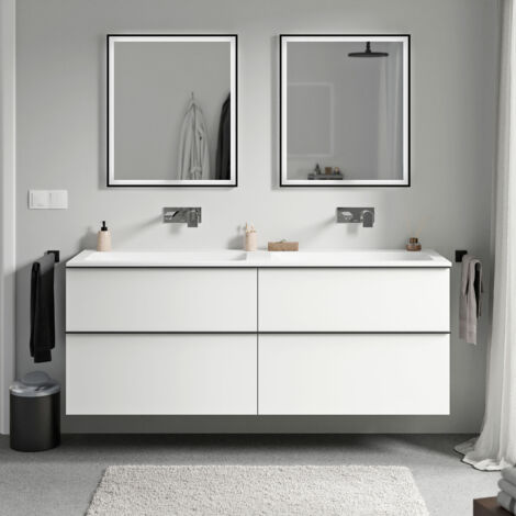 Badmöbel Unterschrank Bernstein LAVOA 160cm mit Mineralguss Waschbecken CREAM Badmöbel: Weiß matt, Metallgriff: Chrom, Waschbecken: Weiß matt ohne Hahnloch