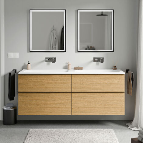 Badmöbel Unterschrank Bernstein LAVOA 160cm mit Mineralguss Waschbecken CREAM Badmöbel: Eiche Honiggold, Metallgriff: Anthrazit matt, Waschbecken: Weiß matt ohne Hahnloch