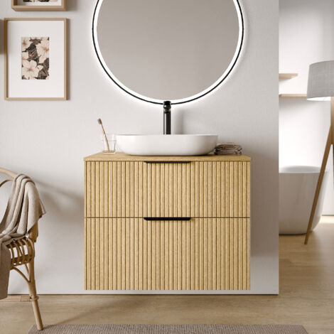 Waschtischunterschrank Bernstein TIM 80 cm für Aufsatzwaschbecken Badmöbel: Eiche Nebelgrau profiliert, Metallgriff: Chrom, Waschtischplatte: Weiß matt