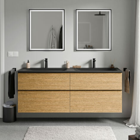 Badmöbel Unterschrank Bernstein LAVOA 160cm mit Mineralguss Waschbecken CREAM Badmöbel: Eiche Honiggold, Metallgriff: Schwarz matt, Waschbecken: Schwarz matt mit Hahnloch