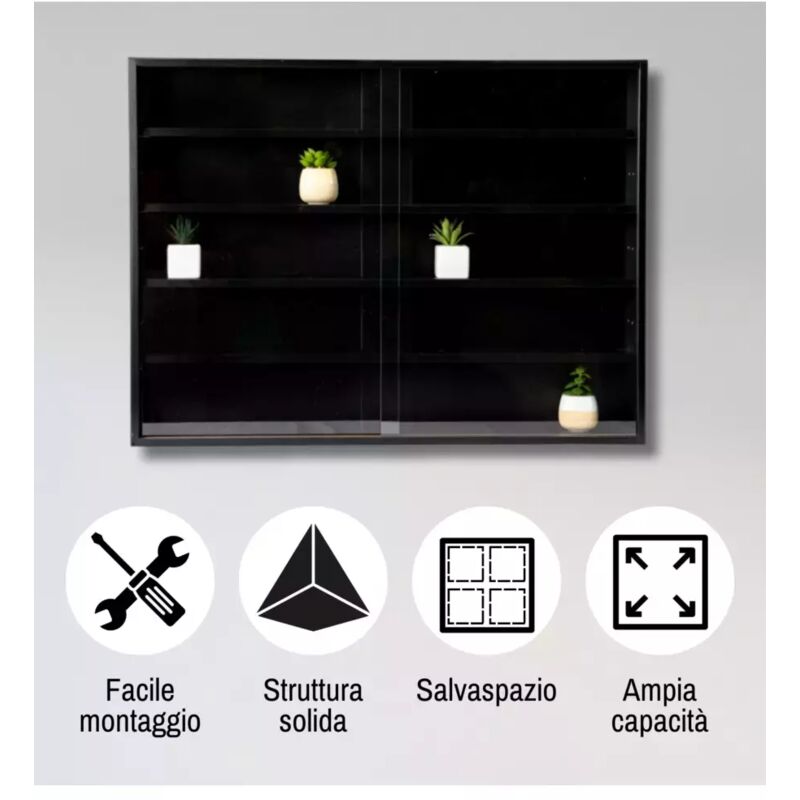 Vetrinetta Porta Oggetti In Laminato Nero Con Ante In Vetro - 80x11x60 Cm, Carico 5kg Per Ripiano
