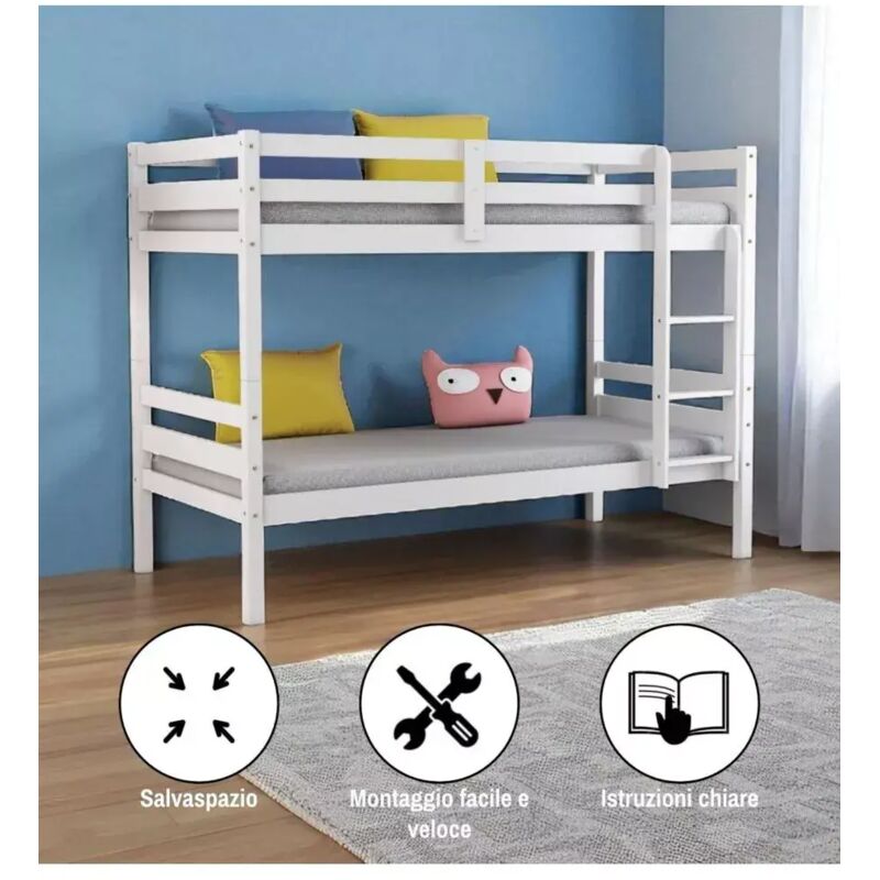 Letto A Castello In Legno Di Pino Massello - 90x190cm, Bianco Laccato, Scaletta Inclusa, Salvaspazio - Foto 4
