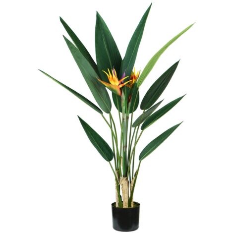 pianta strelitzia in polietilene con 12 foglie e 2 fiori, 120 cm