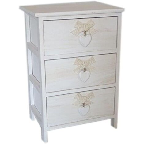 King Home Cassettiera In Legno Di Paulownia 40x29x58h cm 3 Cass. C/Cuore White Washed