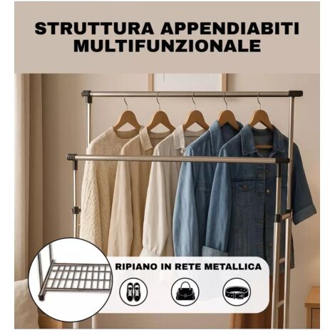 Attaccapanni Con Ruote E Doppia Barra, In Metallo Nero, Dimensioni 96x143x42 Cm