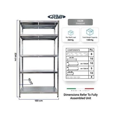 scaffale in metallo "maciste" ad incastro con 5 piani, 120x50x234 cm  portata 260 kg - grima