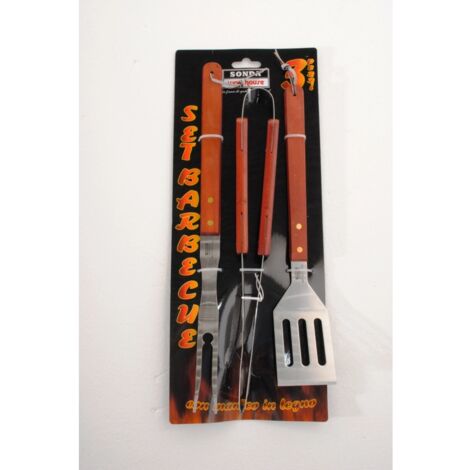 set 3 pezzi per barbecue in acciaio e manico in legno