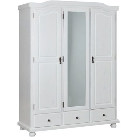 armadio 3 ante battenti con specchio e 3 cassetti in pino massello bianco 150x56x200 cm (1/10)