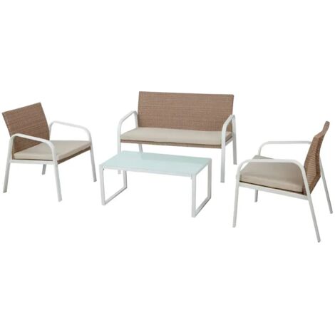 Salotto da Giardino Completo in Polyrattan Miele Bianco e Acciaio