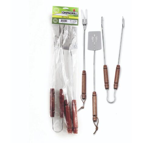 Ompagrill set 3 attrezzi per barbecue pinza paletta e forchettone in acciaio inox con manici in legno 55 cm kit grill grigiata