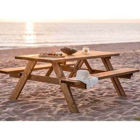 Tavolo picnic in legno con panche integrate, set 6 posti pino impregnato per giardino e terrazzo - Esterni da Vivere