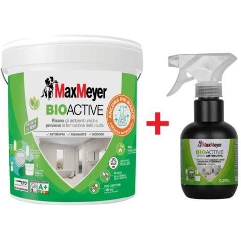 set pittura antimuffa max meyer "bioactive a+ plus" bianco 14lt e spray antimuffa max meyer "bioactive" trasparente 0,25 lt