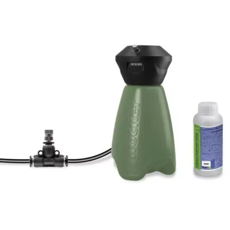 kit geyser nebulizzatore antizanzare a batteria stocker 2l 2,5 bar 3,6v 2,5ah con tubo diffusore da 10 m e disabituante florifens 100 ml