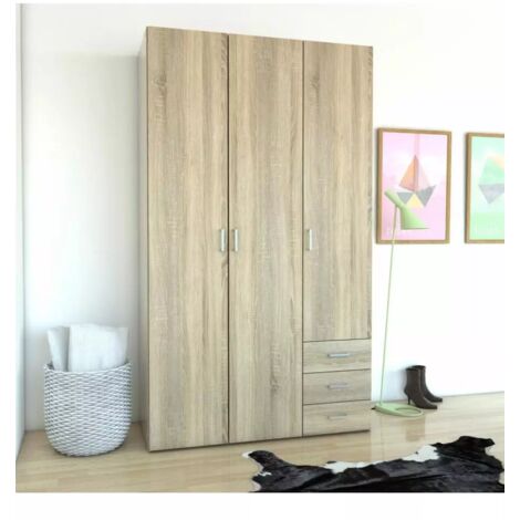 armadio "space" con 3 ante e 3 cassetti effetto quercia, 115,8x49,50x200,40h cm