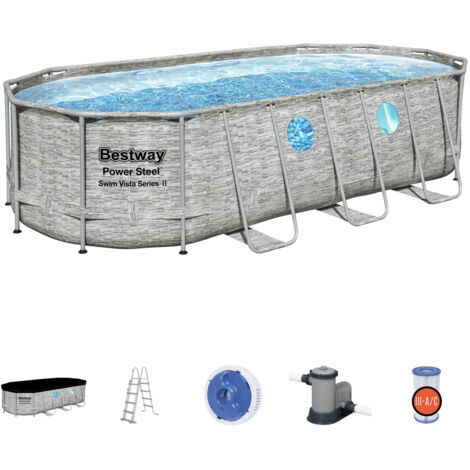 piscina fuori terra con struttura ovale bestway "power steel swim vista" effetto pietra 549x274x122 cm