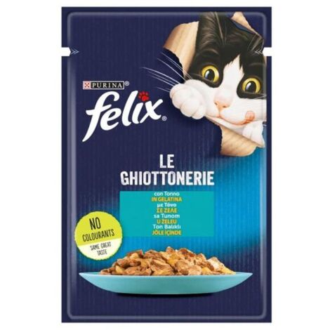felix le ghiottonerie,  alimento umido per gatto, con tonno in gelatina.