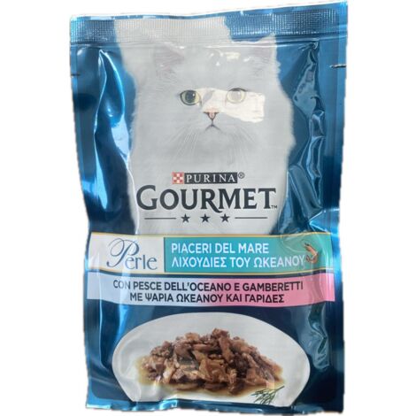 gourmet perle - piaceri del mare con pesce dell'oceano e gamberetti, alimento umido per gatto.