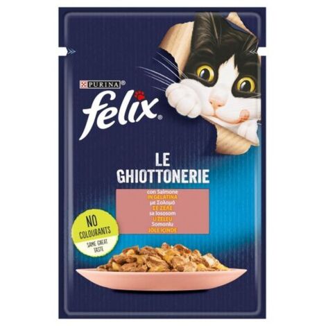 felix le ghiottonerie, alimento umido per gatto con salmone in gelatina.