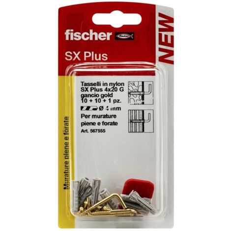 Fischer 10 Ganci Appendi Quadri Ottonati con Tassellini 4mm e Clip di Fissaggio, Installazione Pulita su Muro per Cornici Pesanti, 567555