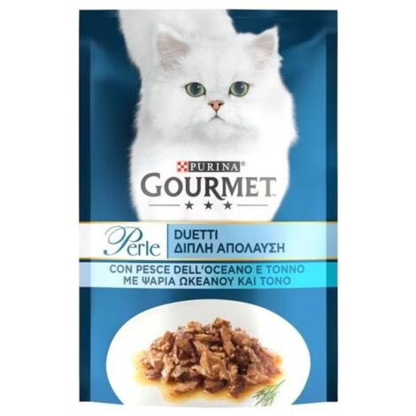 gourmet perle, alimento umido per gatto, duetti di mare con pesce dell'oceano e tonno.