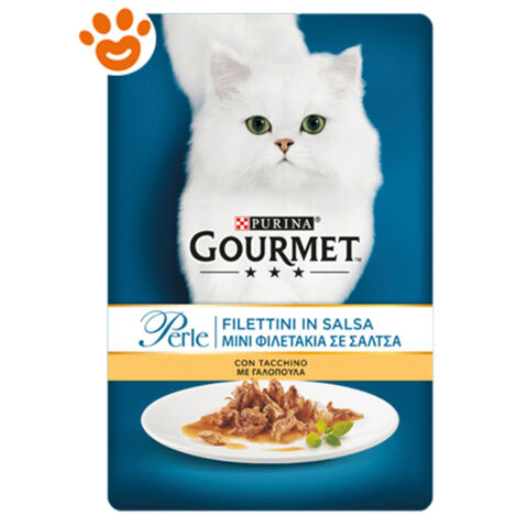 gourmet perle - alimento umido per gatto, filettini in salsa con tacchino, 85 gr.