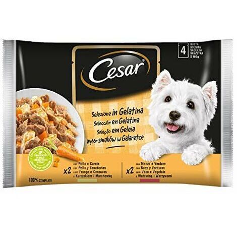 alimento umido per cani cesar "selezione in gelatina" manzo e verdure 4 pz x 100 gr