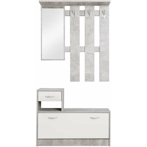 mobile da ingresso con specchio e appendiabiti bianco e cemento, 100x25x180 cm