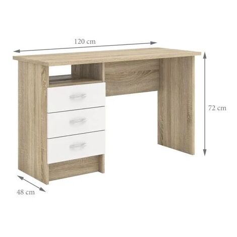 Scrivania in mdf effetto quercia con tre cassetti bianchi, 72x48x120 cm