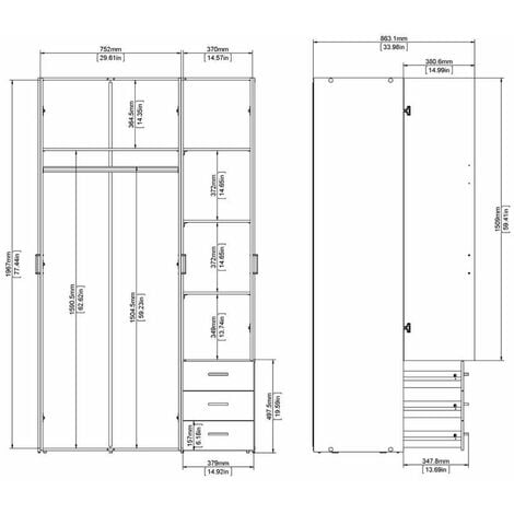 armadio space con 3 ante e 3 cassetti bianco, 115,8x49,50x200,40 cm