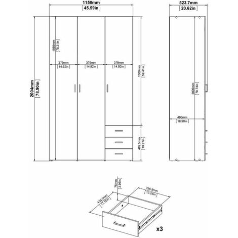 armadio space con 3 ante e 3 cassetti bianco, 115,8x49,50x200,40 cm
