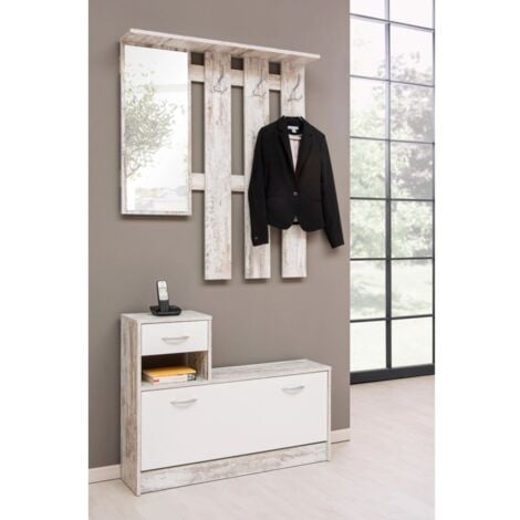 mobile da ingresso con specchio e appendiabiti bianco anticato, 100x180x25 cm