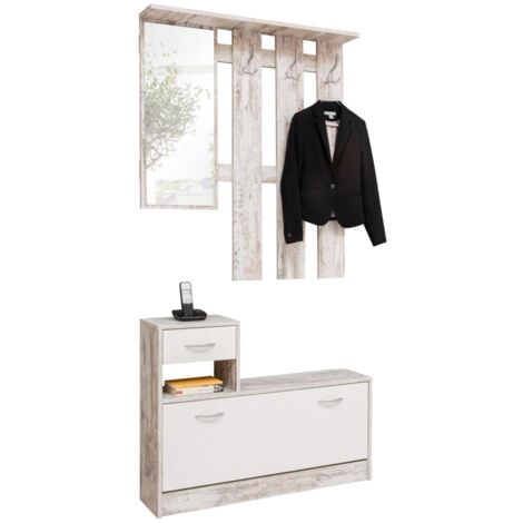 mobile da ingresso con specchio e appendiabiti bianco anticato, 100x180x25 cm