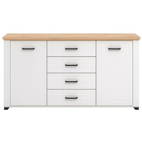 Credenza in legno con finitura bianca, 4 ante, 2 cassetti e anta