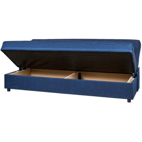 divano letto "fiji" 3 posti in tessuto blu con cassettone contenitore, 183x81x89 cm