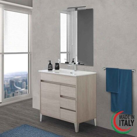 Composizione Bagno Rovere Chiaro Mobile 80 cm Lavabo Specchio