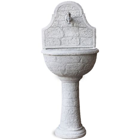 Fontana A Muro In Cemento Sabbiatto Grigio - 53x35x120 Cm, Per Giardino, Con Finitura Martellinata