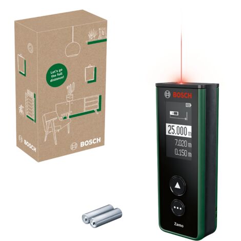 Télémètre laser Zamo Bosch 4ème génération (mesure simple et précise jusqu'à 25 m, piles rechargeables via USB-C®, avec interface adaptateur, dans un coffret e-commerce)