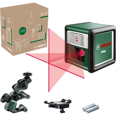 Laser lignes croisées Bosch Quigo avec pince universelle MM 2 (alignement simple et précis avec positionnement flexible de l'outil grâce à la pince, dans un coffret e-commerce)