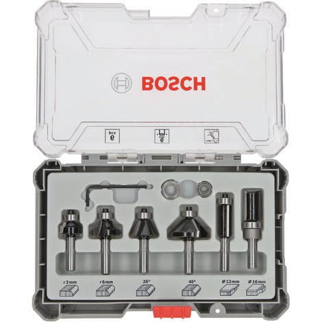 Bosch Coffret 6 fraises mixtes, pour araser chanfreiner, queue de 6mm