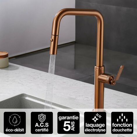 Robinet Mitigeur de Cuisine anti-calcaire avec Douche anti-calcairette Or Rose IMEX NIZA GCE027/ORC (1/4)
