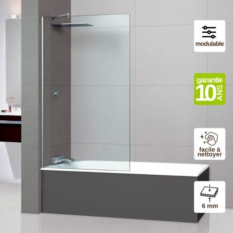 Pare-baignoire fixe en verre trempé 6 mm transparent anti-calcaire – L100H147 cm – profilé chromé – qualité supérieure Cristalux (1/4)
