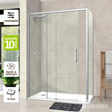 Pare douche porte coulissante et paroi latérale DROITE, L.140xl144l.80H1, Verre Trempé 6mm Easy Clean chromé - Vézannes 2PL SUPERBAN (1/4)