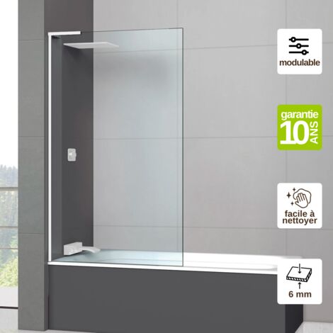 Pare-baignoire Fixe en Verre Trempé 6 mm Transparent Anti-calcaire - L100H147 cm - profilé blanc brillant - Mont Blanc E SUPERBAN