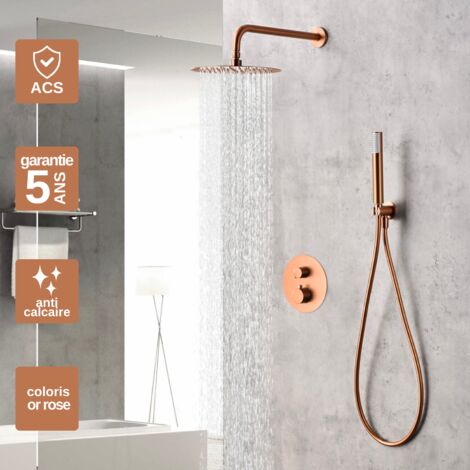 Colonne de Douche Encastrée avec Mitigeur Thermostatique or rose cuivré anti-calcaire - Design Moderne - MONZA IMEX