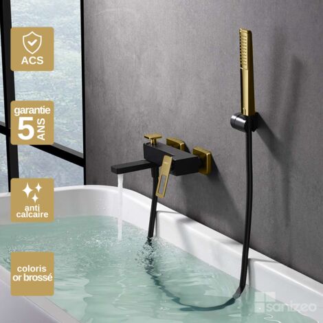 Mitigeur Bain/Douche noir/or Pommeau Anti-Calcaire - Design Moderne et Économie d'eau - Kit Complet SUECIA IMEX