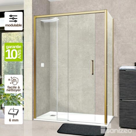Pare douche porte coulissante et paroi latérale DROITE, L.136xl140l.80H195 cm - Verre Trempé 6mm Easy Clean Or Brossé - Vézannes 2PL SUPERBAN (1/4)