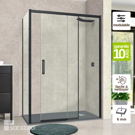 Pare douche porte coulissante et paroi latérale GAUCHE, L.132xl136l.80H195 cm - Verre Trempé 6mm Easy Clean Noir Mat - Vézannes 2PL SUPERBAN (1/4)