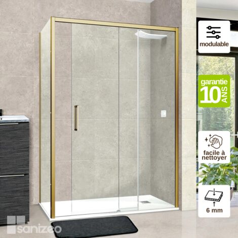 Pare douche porte coulissante et paroi latérale GAUCHE, L.132xl136l.80H195 cm - Verre Trempé 6mm Easy Clean Or Brossé - Vézannes 2PL SUPERBAN (1/4)