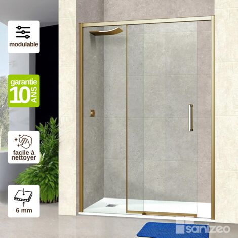 Paroi de Douche Coulissante DROITE en Verre Trempé 6 mm - L116xl120H195 cm - profilé or - Vézannes 2P SUPERBAN (1/5)