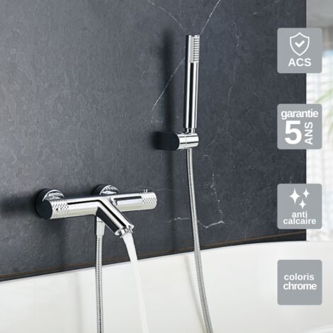Mitigeur Bain/Douche Thermostatique chromé Pommeau Anti-Calcaire - Design Moderne - Kit Complet GENOVA IMEX